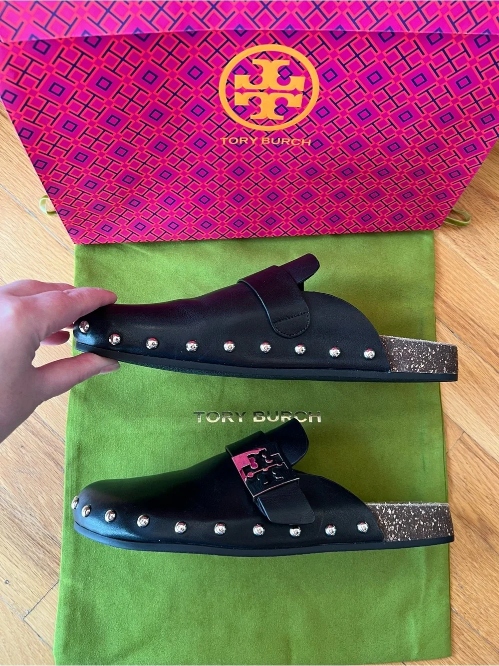 Tory Burch Perfect Black Leather Mellow Studded Mule Clogs